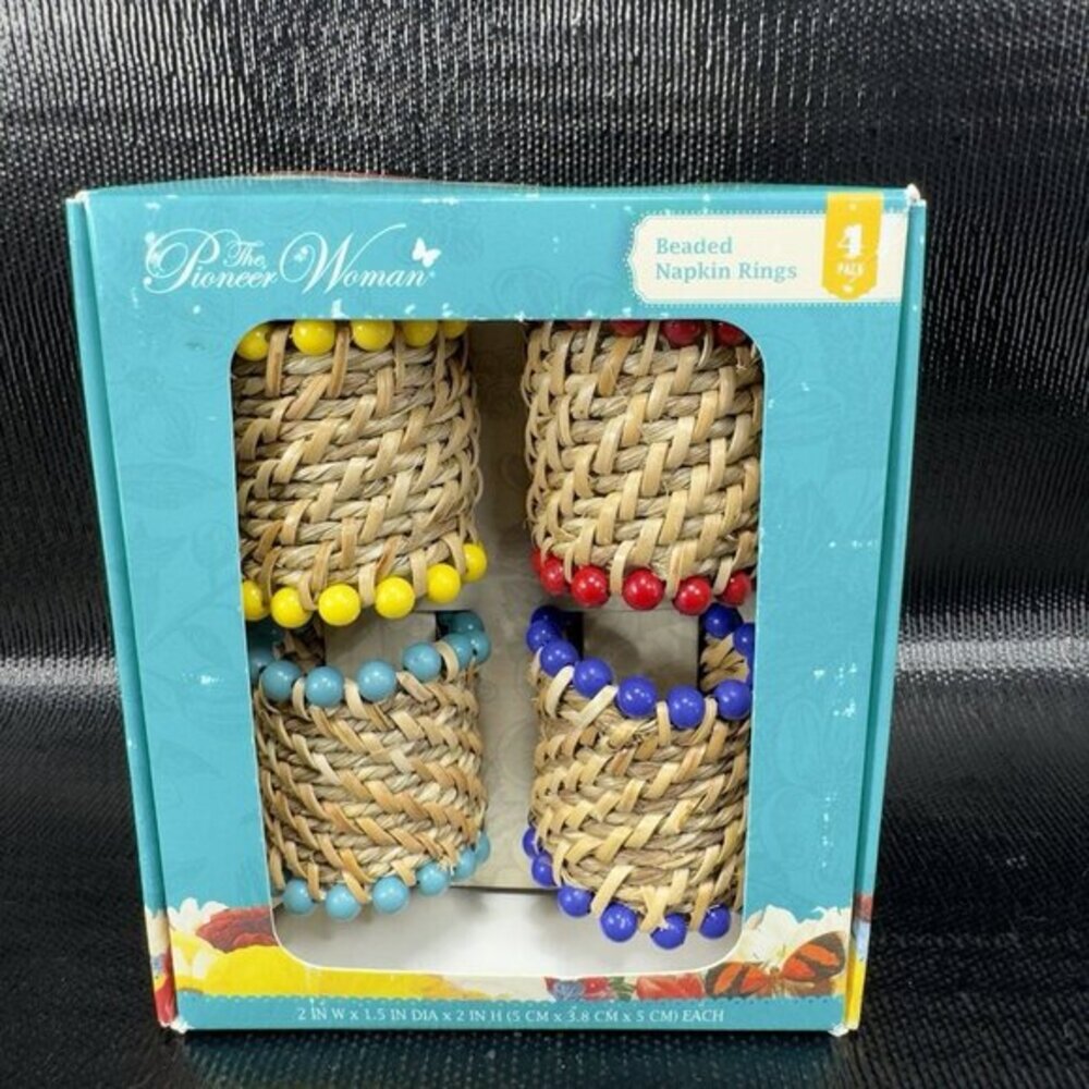 Pioneer Woman Beaded Napkin Rings Set 4 New In‎ Box 2inch Wide Multicolor Rings